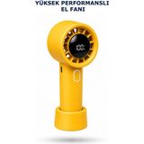 Alıç Şarjlı El Fanı USB Dijital Göstergeli Type-C Turbo Mini Taşınabilir Masaüstü ve El Tipi Fan Ayarlanabilir Hız Kademeli - Sarı