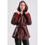 Alicia Kadın Kapüşonlu Deri Mont - Bordo - 4XL