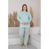 ALİMER Büyük Beden Pijama Takımı - Su Yeşili Çiçek Desen Uzun Kol Likralı Viskon 2874UYB