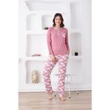 Alimer Ekoseli Kadın Pijama Takımı - 3 Düğmeli Uzun Kollu Likralı Penye Cepli Alt - Gül Kurusu - 2XL