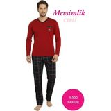Alimer Erkek Bordo Ekose Desen V Yaka Düğmesiz %100 Pamuklu Mevsimlik Uzun Kol Cepli Pijama Takımı - XL