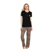 Alimer Kadın Leopar Desenli Pijama Takımı, Siyah, Fiyonk Nakışlı, Likralı Viskon (SİYAH, M)