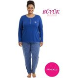 Alimer Kadın Mavi Büyük Beden Etnik Desen 3 Düğme Pamuk Likra Mevsimlik Uzun Kol Pijama Takımı - Saks Mavi - 3XL