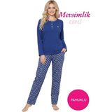 Alimer Kadın Mavi Etnik Desen 3 Düğme Pamuk Likra Mevsimlik Uzun Kol Pijama Takımı - Indigo - XL
