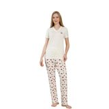 Alimer Kadın Pijama Takımı, Ekru, V Yaka, Mantar Desenli, Likralı Viskon, Kısa Kollu (EKRU, M)