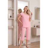 Alimer Kadın V Yaka 3 Düğme Pembe Papatya Desen Fırfır Kısa Kollu Bermuda Pijama Takımı - Tunik Kapri Pijama - 2XL
