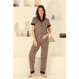 ALİMER Kısa Kollu Leopar Önden Düğmeli Pijama Takımı (1, Siyah - Leopar Desenli, m)
