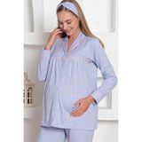 Alimer Mavi Kalpli Hamile Önden Düğmeli Uzun Kol Mevsimlik Bel Ayarlı %100 Pamuk Pijama Takımı-Geniş Kalıp - 2XL