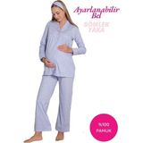 Alimer Mavi Kalpli Hamile Önden Düğmeli Uzun Kol Mevsimlik Bel Ayarlı %100 Pamuk Pijama Takımı-Geniş Kalıp - XL