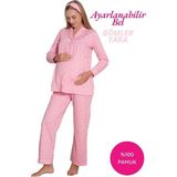 Alimer Pembe Kalpli Hamile Önden Düğmeli Uzun Kol Mevsimlik Bel Ayarlı %100 Pamuk Pijama Takımı-Geniş Kalıp - 2XL