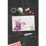 ALİN DİZAYN Cam Kesme Tahtası - Kesim Tablası | Mor Çiçek Ve Saksı Desenli | 20cm X 30cm