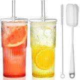 ALINK Cam Kapaklı ve Pipetli Cam Bardaklar, 22 oz Yüksek Borosilikat Şeffaf Buzlu Kahve Cam Bardaklar, İçme Camı Smoothie Çay Su Bardakları, Temizleme Fırçalı 2'li Paket