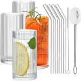 ALINK Ribanalı Cam Eşya Seti, 4'lü Vintage Pipetli İçecek Bardağı, Dalgalı Buzlu Kahve Fincanları, Coocktail Viski, Bira, Su için Origami Tarzı Çıkıntılı Bardak, 2 Temizleme Fırçası
