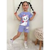 Alinna Kedi Baskılı Şortlu Alt Üst Takım 3YAŞ/10YAŞ Arası. Kız Çocuk Yazlık Şortlu Takım % 100 Pamuk - 7 - 8 Yaş - Mavi - Lila