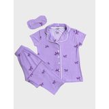 Aliş Kids Anne-Kız Çocuk Pamuklu Lila Kurdele Desenli Gömlek Yaka Düğmeli Kısa Kollu Uyku Gözlüklü Pijama Takımı - 7 Yaş