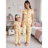 Aliş Kids Anne-Kız Çocuk Pamuklu Sarı Kiraz Desenli Kısa Kollu Gömlek Yaka Düğmeli Pijama Takımı - 6 Yaş