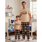 Aliş Kids Baba-Çocuk Pamuklu Krem Rengi Altı Ekose Desenli Kısa Kollu Bisiklet Yaka Yazlık Pijama Takımı - 8 Yaş