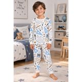 ALİŞ KİDS Erkek Çocuk Pamuklu Beyaz Cetvel Kalem Okul Gereçleri Desenli Uzun Kollu Pijama Takımı