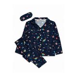 ALİŞ KİDS Erkek Çocuk Süet Kumaş Lacivert Uzay Gezegen Desenli Gömlek Yaka Düğmeli Kışlık Pijama Takımı