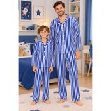 ALİŞ KİDS Erkek Çocuk Ve Baba İçin de Uygun Bedenli Süet Kumaş Beyaz Lacivert Çizgili Gömlek Yaka Düğmeli Kışlık Pijama Takımı
