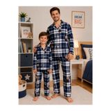 ALİŞ KİDS Erkek Çocuk ve Baba İçin Uygun Süet Kumaş Lacivert Ekose Ayıcık Desenli Gömlek Yaka Kışlık Pijama Takımı