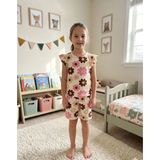 Aliş Kids Kız Çocuk Pamuklu Bej Rengi Papatya Desenli Kolları Fırfırlı Kısa Kollu Şortlu Yazlık Pijama Takımı - 3 - 4 Yaş