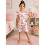 Aliş Kids Kız Çocuk Pamuklu Beyaz Pembe Çiçek Desenli Kolları Fırfırlı Kısa Kollu Şortlu Yazlık Pijama Takımı - 3 - 4 Yaş