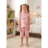 Aliş Kids Kız Çocuk Pamuklu Pembe Ayıcık Kalp Desenli Kolları Fırfırlı Kısa Kollu Şortlu Yazlık Pijama Takımı - 4 - 5 Yaş