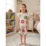 Aliş Kids Kız Çocuk Pamuklu Yavruağzı Papatya Çiçek Desenli Kısa Kollu Şortlu Yazlık Pijama Takımı - 3 - 4 Yaş - Yavru Agzı