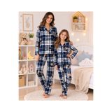 ALİŞ KİDS Kız Çocuk Ve Anne İçin de Uygun Lacivert Süet Kumaş Ekose Ayıcık Desenli Gömlek Yaka Kışlık Pijama Takımı