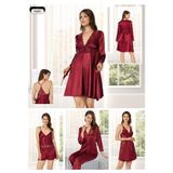 Alissa Kadın Çeyizlik Saten Gecelik Seti, 6'lı Set, Bordo, S Beden