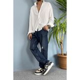 Alışveriş Sokağı Baggy Kalıp Lacivert Denim Jean - Kot Pantolon Yırtık Detaylı - Koyu Lacivert - 33 - Dropsuz
