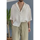 Alışveriş Sokağı Nakışlı Oversize Asimetrik Kısa Kol Gömlek Haki - Ekru