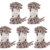 Alize Puffy 5 x 100 gram örgü yünü, 500 gram parmak örgüsü - yün süper hacimli, halka yünü, iğnesiz örgü (boz kahverengi 268)