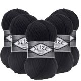 Alize Süperlana Maxi El Örgü İpi,%75 Akrilik%25 Yün, 5'li Paket, 100g/100m, 8-10 Numara Şiş İçin, Hırka ve Kazak Örgüsüne Uygun (60 Siyah)