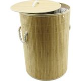ALK Yuvarlak Bambu Ahşap Kirli Çamaşır Sepeti 35X60CM Seyyar Kapaklı Içi Bezli Ip Kulplu