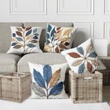 Alkan Homes 4 Lü Kombin Punch Nakış Desen Krem Zemin Yaprak Temalı Dijital Baskılı Kırlent Kılıfı - 43 x 43 cm - Mavi