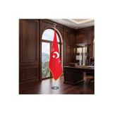 Allah, Vatan, Namus, Birlik -Ters Bayrak Direkli - Altın Saçaklı Saten Makam Bayrağı Seti (Krom Direk)