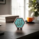 Allah Yazılı Modern Dekoratif Obje, Ev ve Ofis Dekorasyonuna Anlam Katan Zarif Masaüstü Aksesuarı 10x10 cm (Turkuaz)