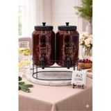 ALLEGRI Amber Renk 2 Li Cam Sebil Yağdanlık Şerbetlik Sızdırmaz Musluk Ferforje Stand Metal Kapak 2x4 Litre