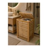 ALLEGRI Bambu Orta Boy Çizgi Desen Kirli Çamaşır Sepeti Kapaklı Dekoratif Banyo Organizer Düzenleyici 40x30x55 Cm