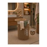 ALLEGRI Bambu Yuvarlak Naturel Modern Kirli Çamaşır Sepeti Laundry Dressing Kapaklı Deri Kulplu 75 Litre 35x60 cm