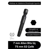 #Allen 7 Mm Allen Bits Uç 7,5 Cm S2 Çelik Profesyonel Alyan Tornavida Ucu Manyetik Altıgen Vida Sökme Takma Matkap Şarjl