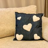 Allhandmadegifts Çift Taraflı Peluş ve Jean Kumaşlı Kalpli Kırlent