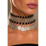 Allona Pul Detaylı Boncuklu Choker Kolye - Etnik Modern Kadın Aksesuar & Premium Kutu - Renk: Siyah / Beden: 1