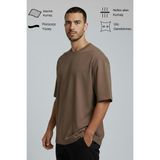 Allunique Erkek Pamuklu Oversize Bisiklet Yaka Kahverengi T-Shirt - S - M