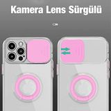 Ally iPhone 12 Pro Max Kılıf Sürgülü Kamera Lens Korumalı Yüzük Standlı Silikon Kılıf PEMBE