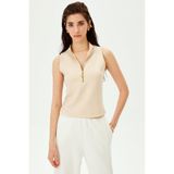 ALLYCO Fermuar Detaylı Slim Fit Kolsuz Örme Bluz,Bej 2XL