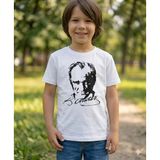 Alme K. Atatürk Kırmızı Baskılı Kısa Kollu Tişört - Milli Bayramlara Özel Tasarım Pamuklu Tişört - Beyaz - Siyah - 5 Yaş