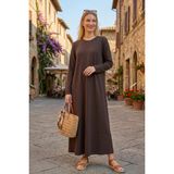 Almila Bisiklet Yakalı Uzun Kollu Uzun Penye Elbise 2031 - 4XL - 5XL - Kahverengi